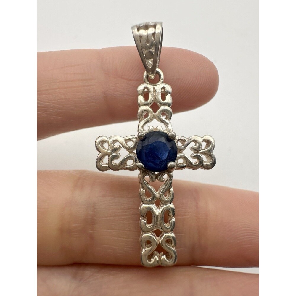 925 Sterling Silver Filigree Cross Pendant With Blue Stone